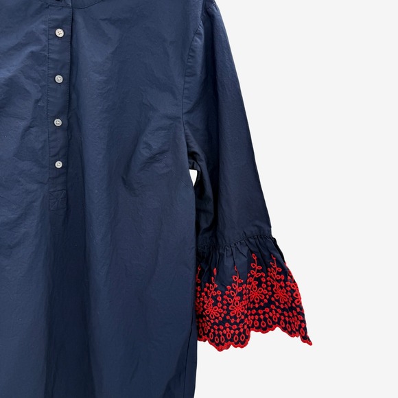 J.Crew Navy Blue Eyelet Embroidered Bell Sleeve Tunic Midi Dress Women's Large - Picture 3 of 11